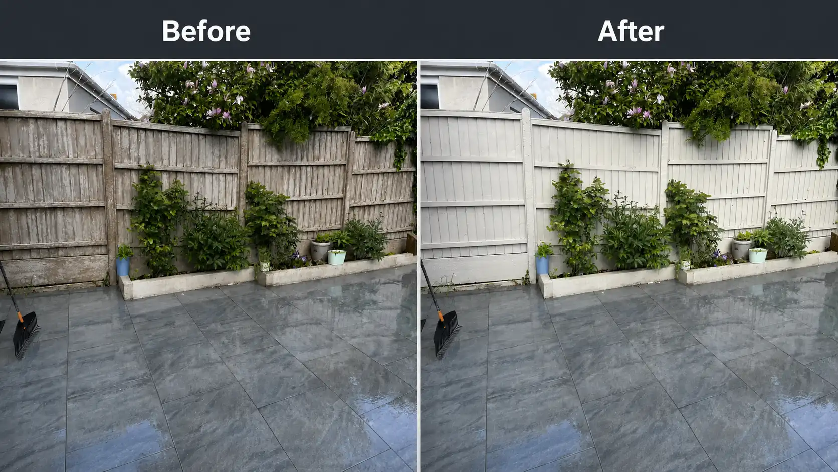 Fence painted before and after