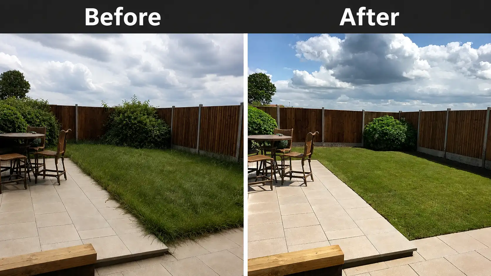 before and after of a untidy garden transformation