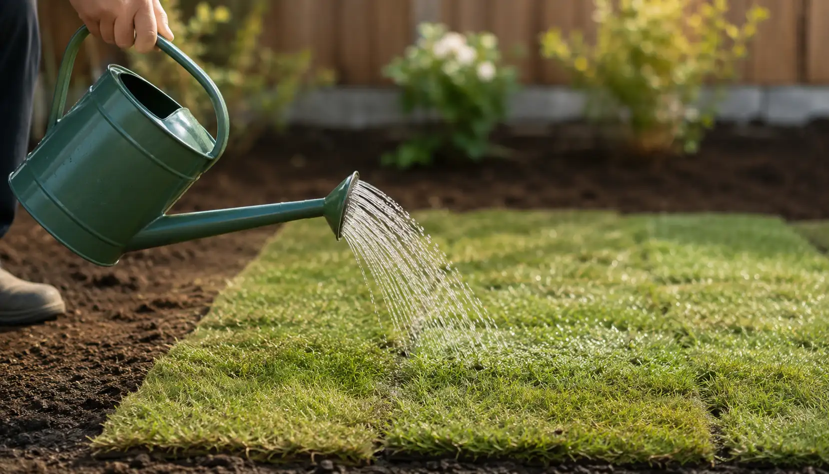 Person watering newly laid turf with a green watering can to help establish healthy roots after installation.