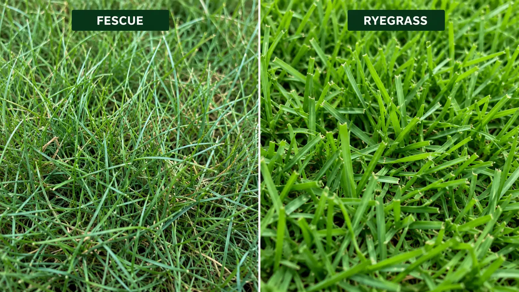 Side-by-side comparison showing the fine texture of fescue grass versus the broader blades of perennial ryegrass turf.