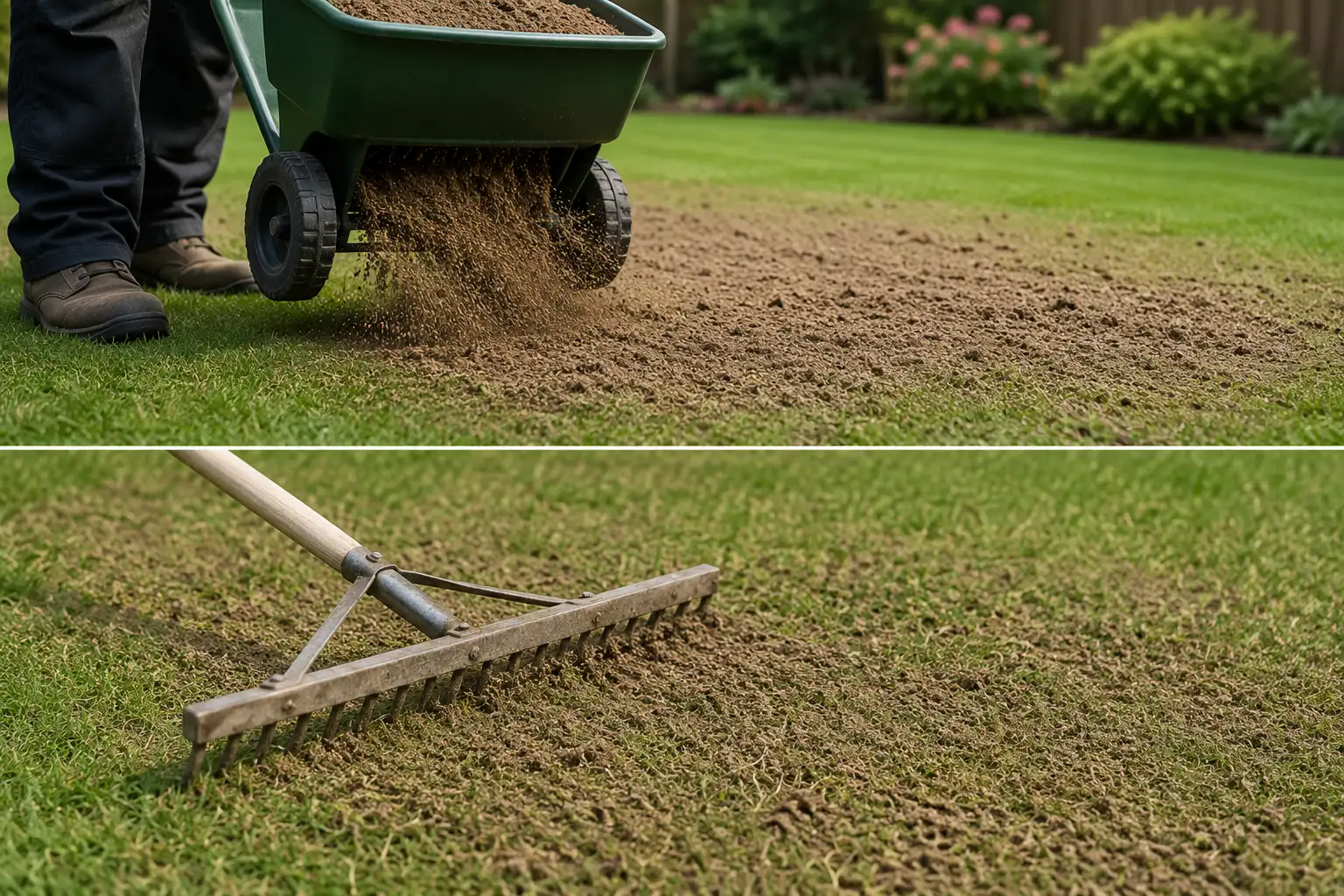 Topdressing mix being spread and raked into a lawn to improve soil structure, level the surface, and encourage healthier grass growth.